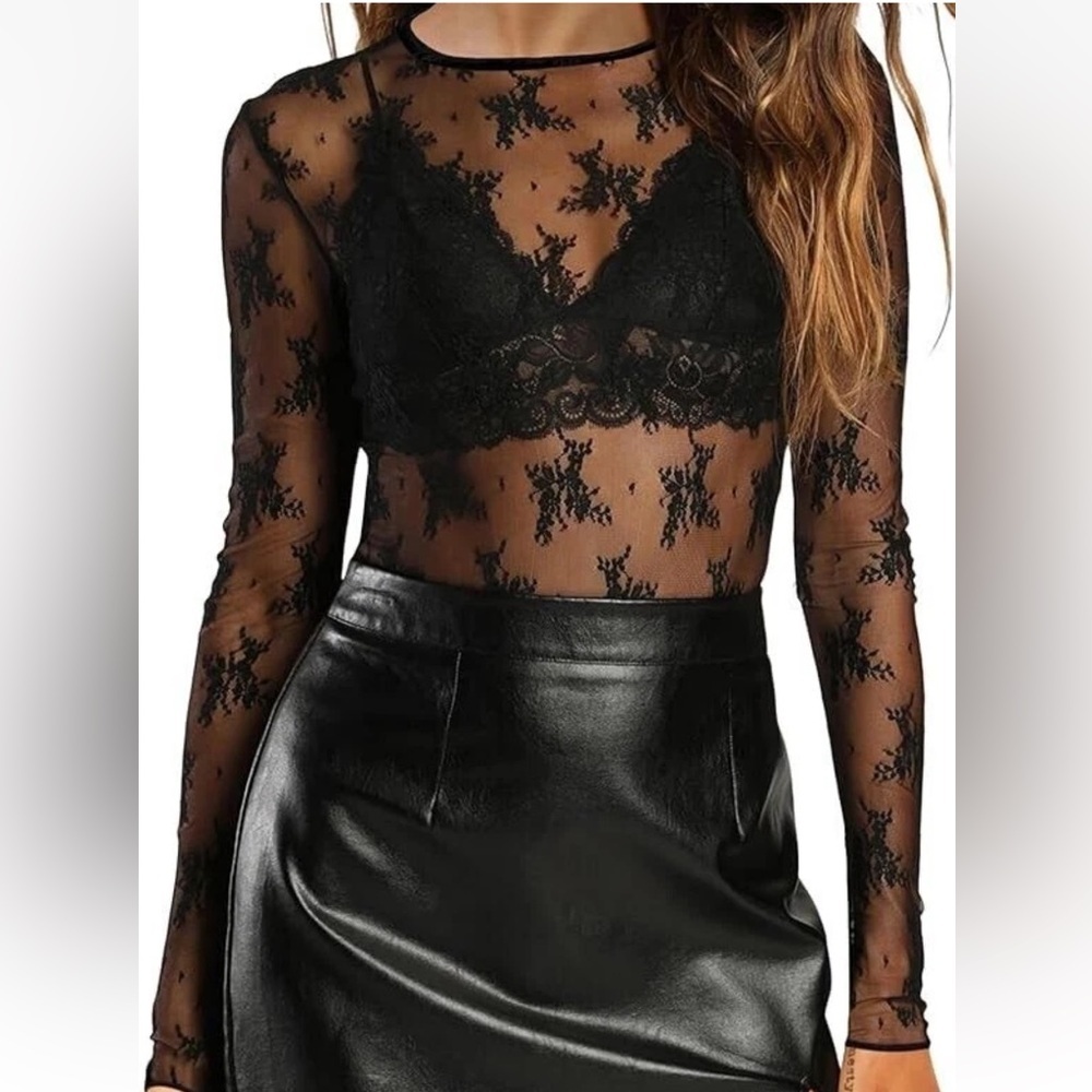AKEWEI Womens Black Mesh Floral Sheer Top Size M Goth Dark Romance Victorian